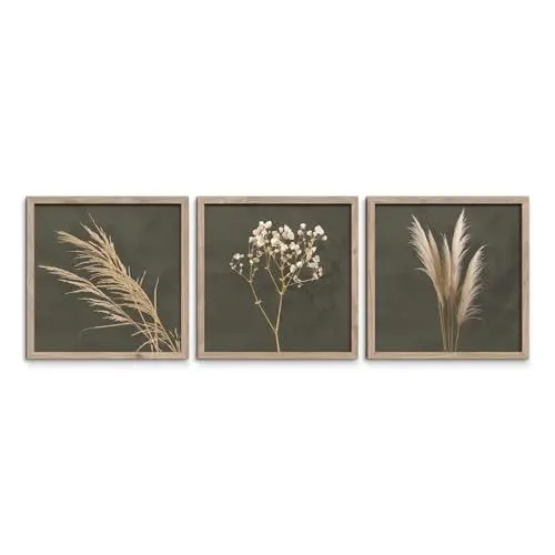 Produktbild: STYLER Bilder Set Pampas 3x 30x30 cm (AUFHÄNGFERTIG) mit hochwertigem Holzrahmen – Natürliche Schönheit für Ihr Zuhause – Grün Oliv Beige Minimalistisch Boho Gras