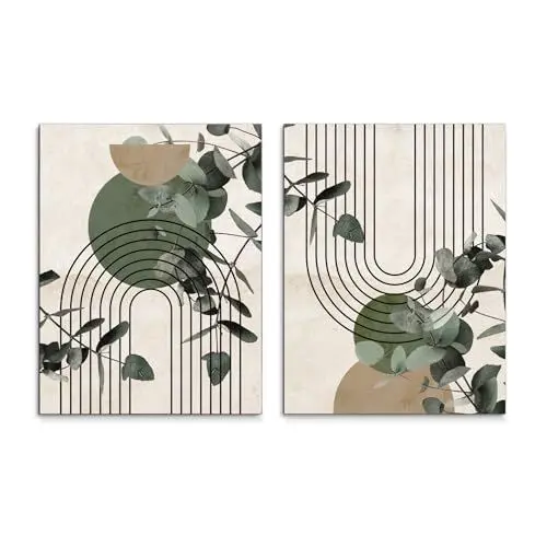Produktbild: STYLER Leinwandbilder Set Green Arc 2X 32x42 cm (AUFHÄNGFERTIG) - Abstrakte Formen und Linien in grün und beige - Hochformat