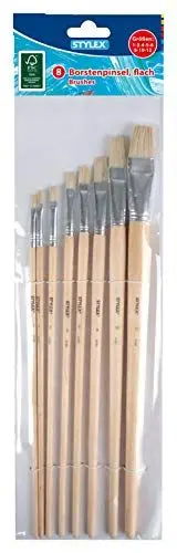 Produktbild: Stylex 28682 - Pinsel-Set mit 8 flachen Borstenpinseln in den Größen 1, 3, 4, 5, 6, 8, 10 und 12, zum Malen mit Deck-, Tempera, Aquarell-, Öl- und Acrylfarben, ideal auch für die Schule
