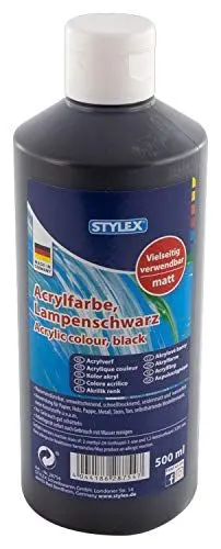 Produktbild: Stylex 28754 - Acrylfarbe auf Wasserbasis, 500 ml Flasche in lampenschwarz, matt, hohe Deck- und Farbkraft, lichtbeständig, schnelltrocknend und wasserfest