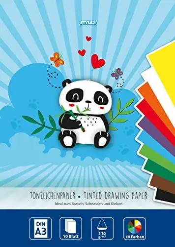 Produktbild: Stylex 46724 - Tonzeichenpapier, DIN A3, 110 g/m², 10 Blatt in 10 verschiedenen Farben, zum Basteln, Schneiden und Kleben