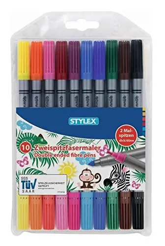 Produktbild: Stylex 66565 - Zweispitz-Fasermalstifte, Doppelfasermaler im 10er Etui, 10 Farben mit dicker und dünner Malspitze