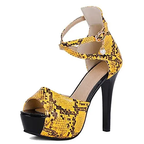 Produktbild: StyliShoes Damen Plateausandalen mit Kreuzriemen und Schlangenmotiven für den Sommer(Gelb,36 EU)
