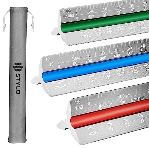 Produktbild: Stylo 30 cm Aluminium Architektonisches Lineal, dreieckig, metrische Skalen 1:20, 1:25, 1:50, 1:75, 1:100, 1:125, Ideal für Architekten, Studenten, Zeichner, Ingenieure (Grau, Metrische Einheiten)