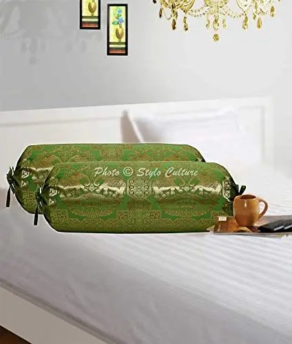 Produktbild: Stylo Culture Ethnische Deko Kissenbezüge Olivgrün Gold Elefant Jacquard Seide Runde Meditationskissen Floral Zylindrische Brokat Kissenbezüge (76x38 cm) | Set mit 2 Stück