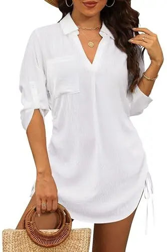 Produktbild: StylSense Damen Strandkleid Sommer Bikini Cover Up Badeanzug Sommerkleider Damen Leicht Strandponcho bluse mit Tunnelzug (Weiß, S)