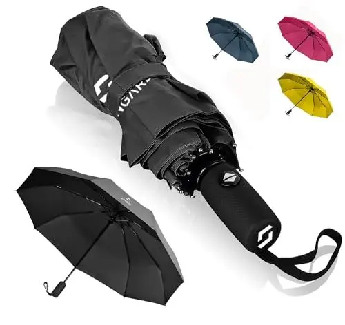 Produktbild: STYNGARD Regenschirm sturmfest bis 140 km/h - Taschenschirm mit Auf-zu-Automatik und zertifizierter Teflon-Beschichtung gegen Feuchtigkeitsschäden - kurzer Griff - Modell OSLO (Schwarz)