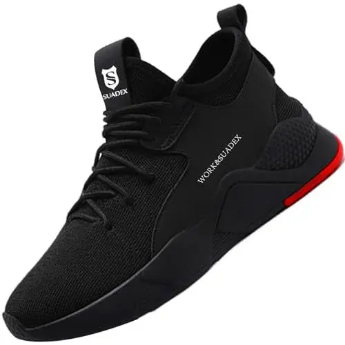 Produktbild: SUADEX Arbeitsschuhe Sicherheitsschuhe Herren Damen Leicht Atmungsaktiv Stahlkappenschuhe Unisex Sneaker mit Stahlkappe (02-Schwarz 44EU)