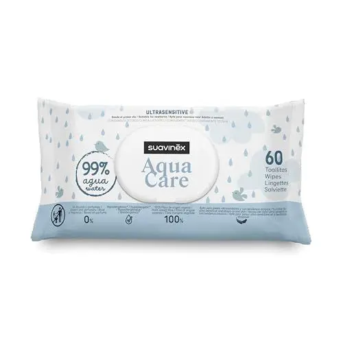 Produktbild: Suavinex, Aqua Care Babytücher, 60 Einheiten, Reinigungstücher 99% Wasser, Fasern pflanzlichen Ursprungs, mit Aloe Vera, ohne Parfüm und Alkohol, dermatologisch getestet, geeignet für empfindliche