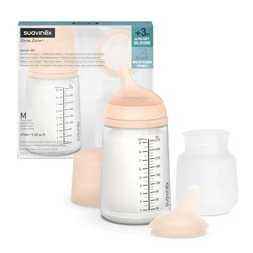 Produktbild: Suavinex, Set Zero Zero-Babyflasche. Anti-Kolik-Babyflasche 270 ml mit Sauger mit mittlerem Nahrungsfluss + Sauger mit mittlerem Nahrungsfluss + Nachfüllbeutel