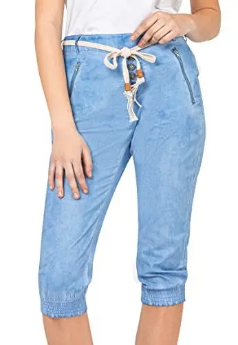 Produktbild: Sublevel Damen Baumwoll Capri Stoff-Hose mit Bindegürtel Light-Blue M