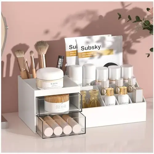Produktbild: Subsky Make up Organizer mit Schubladen, Multifunktion Schminktisch Organizer Einfache Aufbewahrung für Make-Up Pinsel Wattepads, Schreibtisch Organizer für Dresser Skincare Weiß