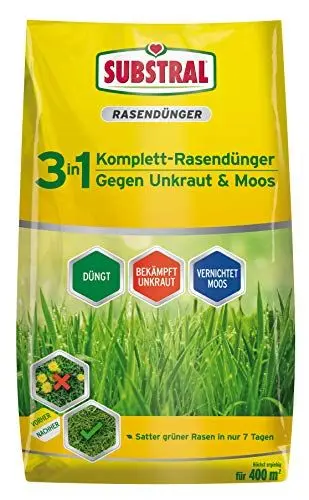 Produktbild: Substral 3 in 1 Komplett Rasendünger mit Unkrautvernichter und Moosvernichter, 14 kg für 400 m², grün