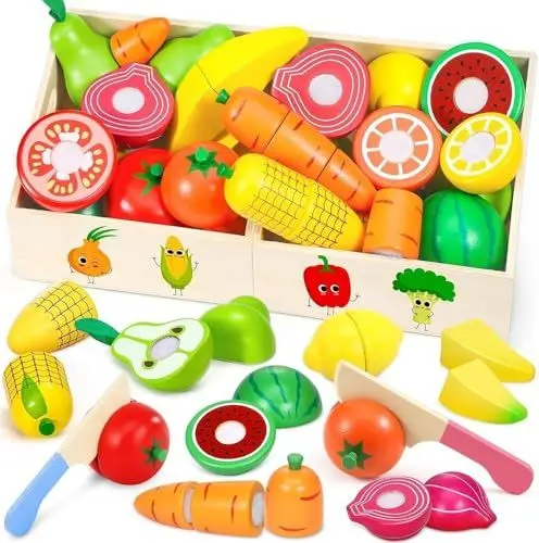 Produktbild: Subtail Kinderküche Zubehör Spielzeug ab 2 Jahr - Holz Obst Zum Schneiden mit Klett-Verbindung, Montessori Spielzeug, Lernspielzeug Rollenspiele Pädagogisches Spielzeug Geschenk