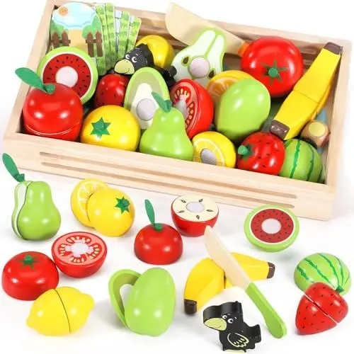 Produktbild: Subtail Obstgarten Spielzeug ab 2 Jahre - 2 in 1 Obst Zum Schneiden - Spielküche Zubehör Holz - Holzspielzeug Küche - Küchenzubehör Kinder Holz - Brettspiele Obstgarten Spiele ab 2 3 Jahre