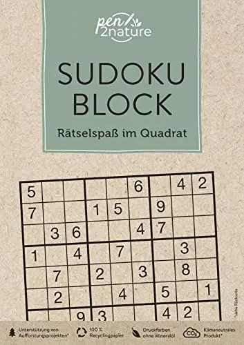Produktbild: Sudoku-Block • Rätselspaß im Quadrat: pen2nature: 100% Recyclingpapier • klimaneutrale Produktion • unterstützt Aufforstungsprojekte (pen2nature books)