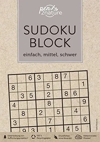 Produktbild: Sudoku-Block • einfach, mittel, schwer: pen2nature: 100 % Recyclingpapier • klimaneutrale Produktion • unterstützt Aufforstungsprojekte (pen2nature books)