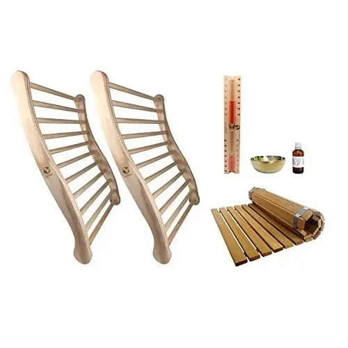 Produktbild: SudoreWell® Sauna Infrarotkabinen Zubehör Set Deluxe mit 2 x Sauna ergon. Rückenlehne, Sanduhr Exclusiv 30 min., kleine Duftschale mit 50 ml Duft Eukalyptus Plus Boden Rollrost Kiefer