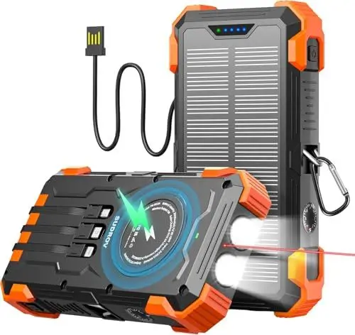 Produktbild: SUDROV Solar Powerbank, 26800 mAh tragbares Ladegerät mit 4 integrierten Kabeln, IPX7 wasserdicht, sturzsicher, inkl kabellosem Laden & LED-Taschenlampe für Smartphones, Tablets und Outdoor-Camping