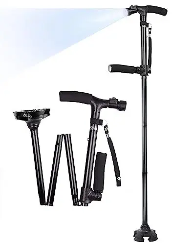 Produktbild: SUEH DESIGN Klappbarer Gehstock mit LED-Licht für Männer und Frauen, 5 Höhenverstellbarer Gehstock für Ältere Menschen mit Seitlichem Griff, Schwarz