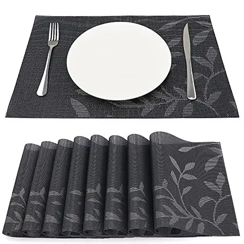 Produktbild: SueH Design Gewebte Platzsets Tischsets 8er Set Vinyl Hitzebeständig Platzdeckchen Antifouling und Waschbar 45 cm * 30 cm, Dunkle Blätter