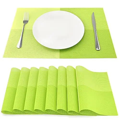 Produktbild: SueH Design Gewebte Platzsets Tischsets 8er Set Vinyl Hitzebeständig Platzdeckchen Antifouling und Waschbar 45 cm * 30 cm, Grün