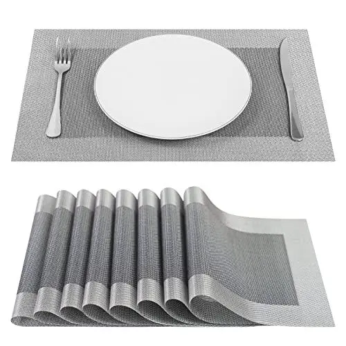 Produktbild: SueH Design Gewebte Platzsets Tischsets 8er Set Vinyl Hitzebeständig Platzdeckchen Antifouling und Waschbar 45 cm * 30 cm, Grau