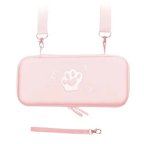 Produktbild: Annadue Süße Katzenpfoten Design Switch Tragetasche mit PU Leder Hartschalen Schutzhülle für Switch Spielekonsolen Zubehör, Stoßfest, Geräumiges Fassungsvermögen (Rosa)