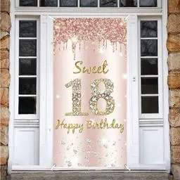 Produktbild: Süßer 18. Geburtsta g Mädchen Deko, Sweet 18 Happy Birthday Roségold Door Banner, 18. Geburtstag Stoff Schild Plakat Türdekoration, 18. Geburtstag Hintergrund Banner Geburtstagsfeier Dekoration