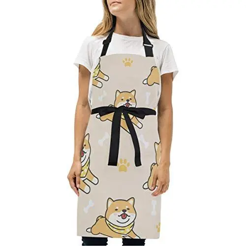 Produktbild: Süßer Shiba Inu Hund Schürze Kochschürze Latzschürze für Damen Frauen Männer Chef Küchenschürze Schürzen mit 2 Taschen verstellbarem Nackenband