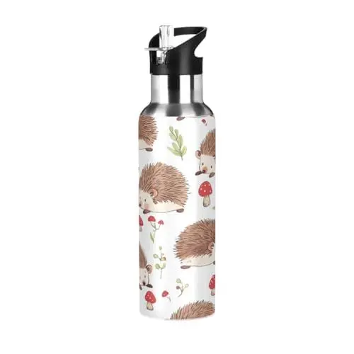 Produktbild: Süßer Tier Igel Pilz Trinkflasche Wasserflasche mit Strohhalm, Thermosflasche Vakuumisolierte aus Edelstahl 18/8, BPA-frei für Kinder Sport Wandern Schule (600ml/1L)