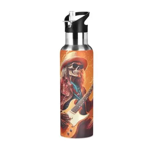 Produktbild: Sugar Skull Rock Roll Gitarre Trinkflasche Wasserflasche mit Strohhalm, Thermosflasche Vakuumisolierte aus Edelstahl 18/8, BPA-frei für Kinder Sport Wandern Schule (600ml/1L)