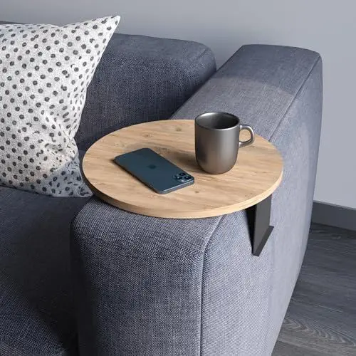 Produktbild: Couch-Tablett Armlehne, Einstellbarer Sofa-Tablett, Getränkehalter, spezielles Design praktischer Metallhalterung, Sitzgarnitur Ablage, Durchmesser ⌀ 35 cm (Holz-Optik)