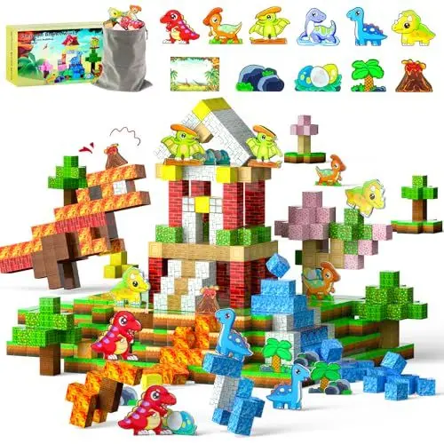 Produktbild: Magnetische Bausteine, 110 Stück Dinosaurier Spielzeug Magnetic Building Blocks Set, Magnet Bausteine Spielzeug für Kinder ab 3 Jahren, Magnetspielzeug Geschenk Junge Mädchen 4 5 6 7 8 9 10 Jahre