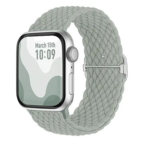 Produktbild: Suitisbest Nylon Armband Kompatibel mit Apple Watch 38mm 40mm 41mm 42mm, Rutschfestes Geflochtenes Elastisches Dehnbares Band für Apple Watch 10 9 8 SE 7 6 5 4 3 2 1, Salbeigrün