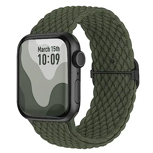 Produktbild: Suitisbest Nylon Armband Kompatibel mit Apple Watch 42mm 44mm 45mm 46mm 49mm, Rutschfestes Geflochtenes Elastisches Dehnbares Band für Apple Watch 10 9 8 SE 7 6 5 4 3 2 1 Ultra, Armeegrün