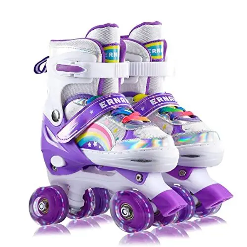 Produktbild: Sumeber Verstellbar Rollschuhe für Kinder,mit Leuchtenden Rädern Roller Skates Bequem und atmungsaktiv Quad Skates für Mädchen Rosa (Lila-S)…