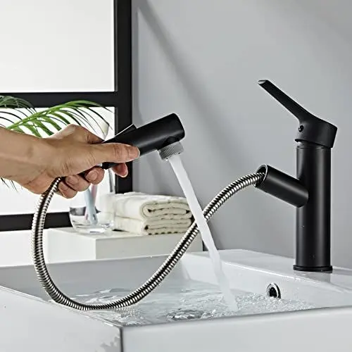 Produktbild: Sumeber Wasserhahn Bad Armatur mit herausziehbarer Waschtischarmatur mit 2 Strahlarten Mischbatterie Geeignet für Aufsatzwaschbecken Warm Kalt Mischbatterie (Herausziehbarer Schwarz)