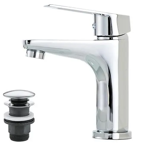 Produktbild: Sumeber Wasserhahn Bad mit Zugstange, Einhebel-Waschtischarmatur mit Ablaufgarnitur, Chrom Einhandmischer Waschbecken Armatur Badarmatur Mischbatterie Waschtischmischer für Badezimmer
