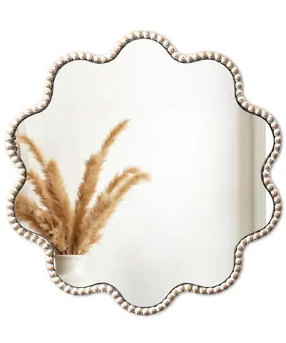Produktbild: SUMGAR Wandspiegel Rund Boho Farmhouse mit Holzperlen-Design Runder Spiegel für Badezimmer Wohnzimmer Schlafzimmer Eingang Wanddekoration 38x38 cm Ästhetische Dekoration HD-Glas