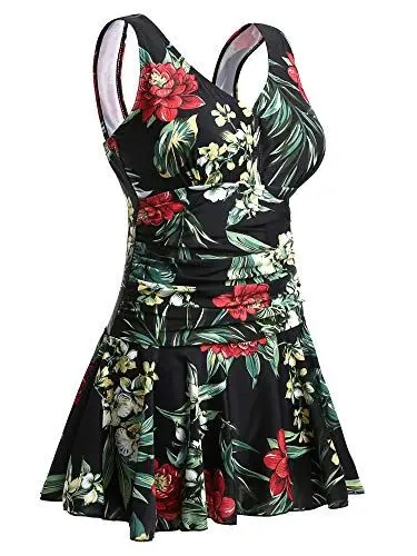 Produktbild: Summer Mae Damen Badekleid Plus Size Geblümt Figurformender Einteiler Badeanzug Swimsuit 48-50-2XL