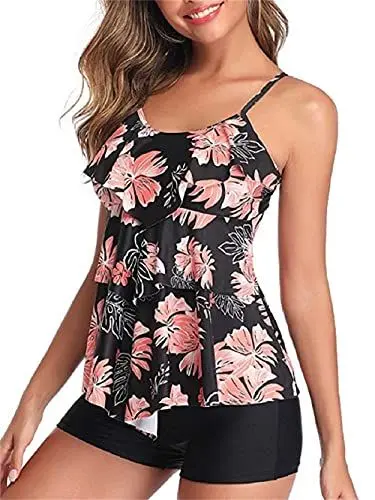 Produktbild: Summer Mae Damen Tankini Volants Badeanzug mit Badeshorts Zwei Teilig Bademode Blumen S