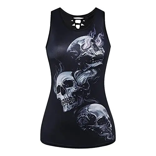 Produktbild: Summer U-Ausschnitt Schlankmacher Blusentops Frau Racerback Große Größen Elastisch Strand Blusen Legere Ärmelloses Totenkopf Damen-Westen Weiblich