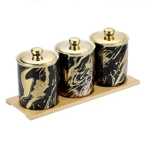 Produktbild: SUMNACON 3er-Pack Küche Keramik Vorratsdosen mit Keramik Deckel mit Holz Paletten Teebehälter Zuckerdose Salzbehälter Organizer für Arbeitsplatte Küchentisch Schrank Küche Schwarz mit Gold-Muster