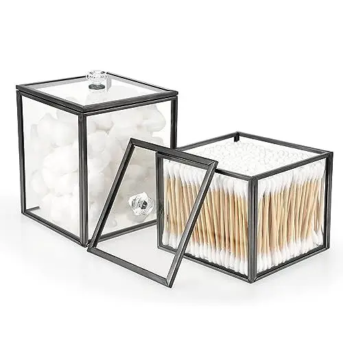 Produktbild: SUMTree 2Pcs Wattestäbchen box aus Glas Metall mit Griffe Make-up-Pinsel-Halter Beauty-Ei-Box Wattebauschholder Tupferhalter Süßigkeiten Organizer Organisation Zuhause Kosmetika Dekoration(Schwarz)