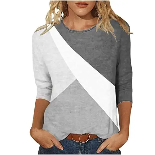 Produktbild: Sumuqi Damen Tshirts 3/4 Arm Tie-Dye Muster Tunika Winter 3/4-Ärmeln Shirt Frauen T-Shirts Warm Einfarbig Longbluse Wasserfall-Ausschnitt Große Größen Pullover Grafik Sexy Top Blusen Grau XL