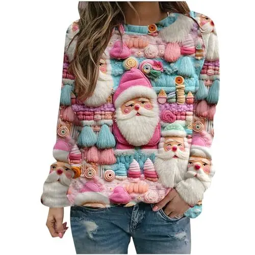 Produktbild: Sumuqi Hässliche Weihnachtspullover Damen T-Shirts Langärmliges Tie-Dye Shirts Elegant Langarm Longshirt Tee Weihnachtsoutfit Damen Ugly Christmas Sweater Meine Bestellungen Anzeigen Rosa M