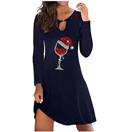 Produktbild: Sumuqi Weihnachtskleid Damen Langarm Minikleid Weihnachtskleider für Frühlingskleid Einfarbig Kleider Frauen Kleid Christmas Dresses Mädchen Rot Festival Große Größe, 02 Marine, 5XL