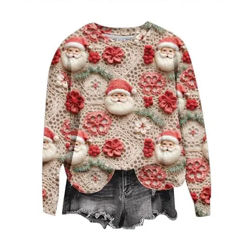 Produktbild: Sumuqi Weihnachtsoutfit Damen Sweatshirt Langärmeliges Print Oberteile Lose Langarm Kleidung Frau Bluse Weihnachts Tshirt Damen Tee Ugly Christmas Sweater Meine Bestellungen Anzeigen Beige 4XL