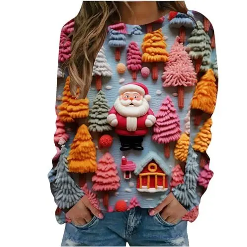 Produktbild: Sumuqi Weihnachtskleidung Damen Tshirt Langarmshirt Tie-Dye Tshirts Warm Langarm T-Shirt Frau Longshirt Weihnachts Tshirt Damen Bluse Ugly Christmas Sweater Meine Bestellungen Anzeigen Rosa XXL
